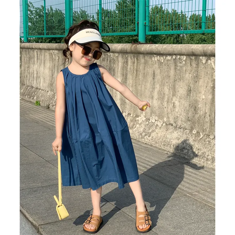 壹妈韩版童装女童夏季蓝色连衣裙网红洋气裙子儿童时尚宽松背心裙