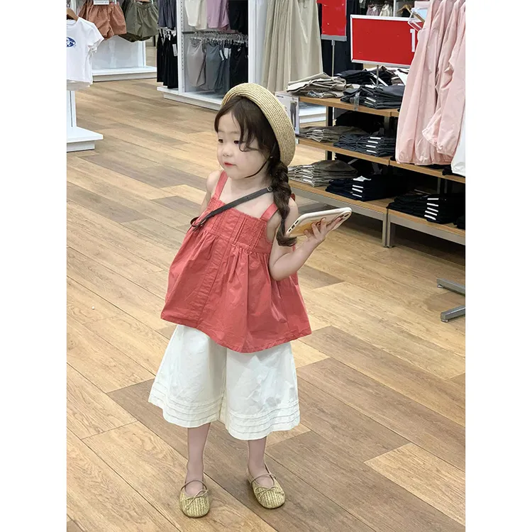 壹妈童装女童休闲套装2024新款夏装洋气儿童薄款红色吊带阔腿裤潮