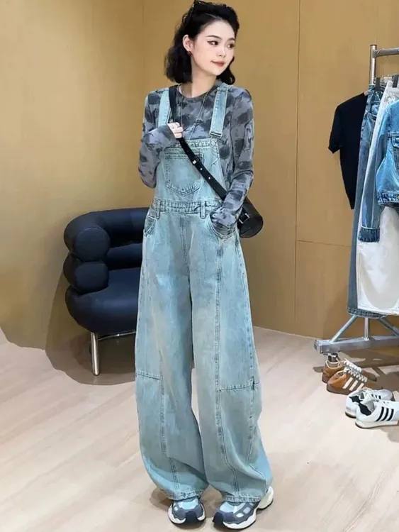 设计感复古牛仔背带裤女2025春秋新款高腰宽松显瘦减龄阔腿连体裤