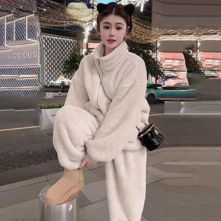 2025冬季新款时尚珊瑚绒睡衣女装外套韩版宽松加厚家居服两件套装