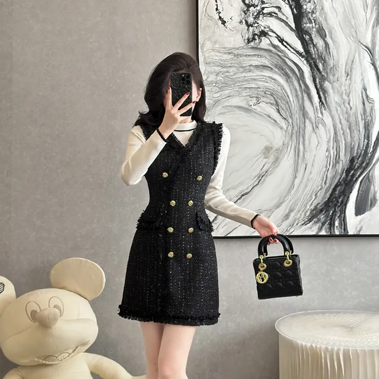 高级感小香风气质通勤纯色打底衫呢子背心裙显瘦两件套连衣裙秋冬