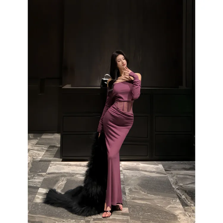 纯欲风紫色韵味长袖连衣裙秋冬款腰部镂空气质性感收腰包臀鱼尾裙