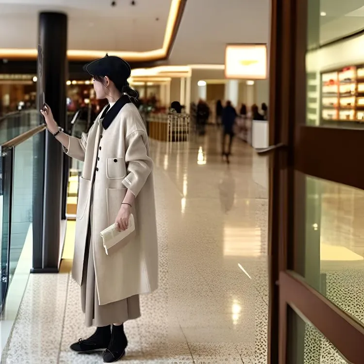 冬季女装翻领绵羊毛中长款双面呢大衣洋气宽松秋冬长款毛呢时尚