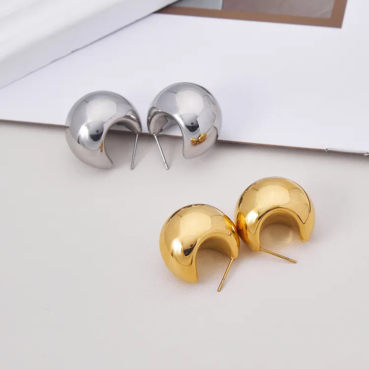 钛钢耳饰 半圆粗C形空心ins简约不规则时尚气质耳钉时髦耳环女士