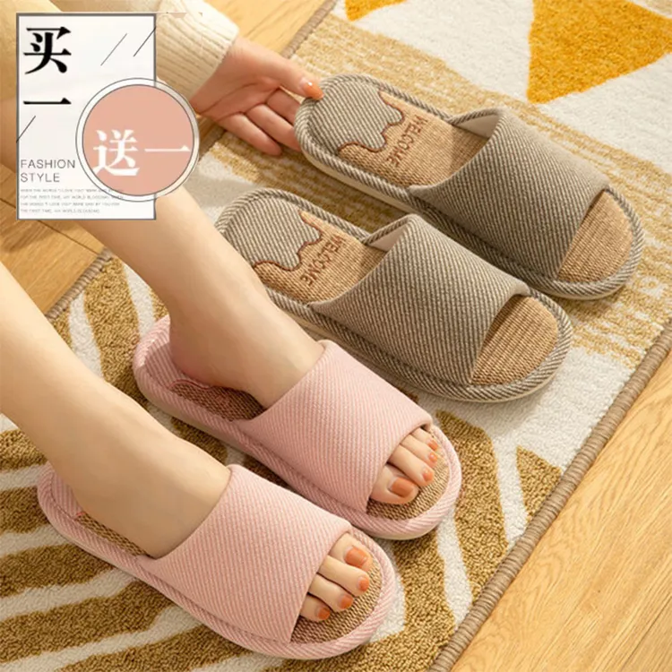 买一送一亚麻拖鞋女四季室内家居情侣防滑软底家用春秋棉麻布拖鞋