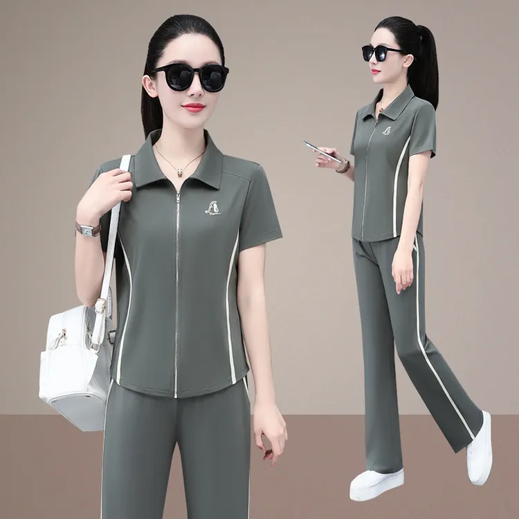 运动装套装女夏季2024新款宽松洋气翻领开衫短袖阔腿裤长裤休闲服