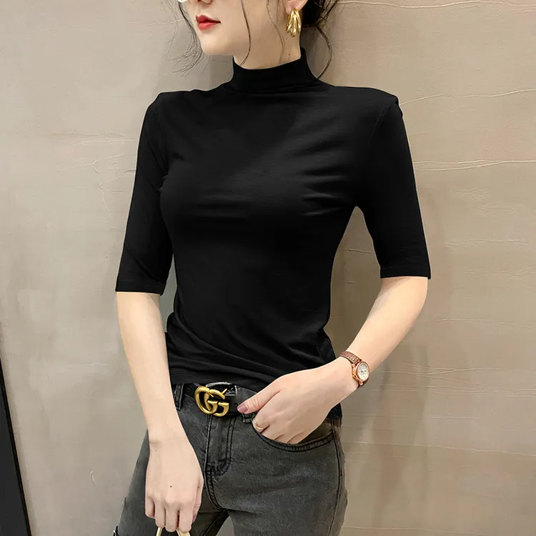 莫代尔黑色中袖打底衫女半高领修身内搭五分袖春秋百搭减龄上衣潮
