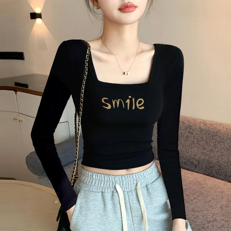 时尚新款法式方领早秋长袖女内搭修身显瘦打底衫百搭小众设计感潮