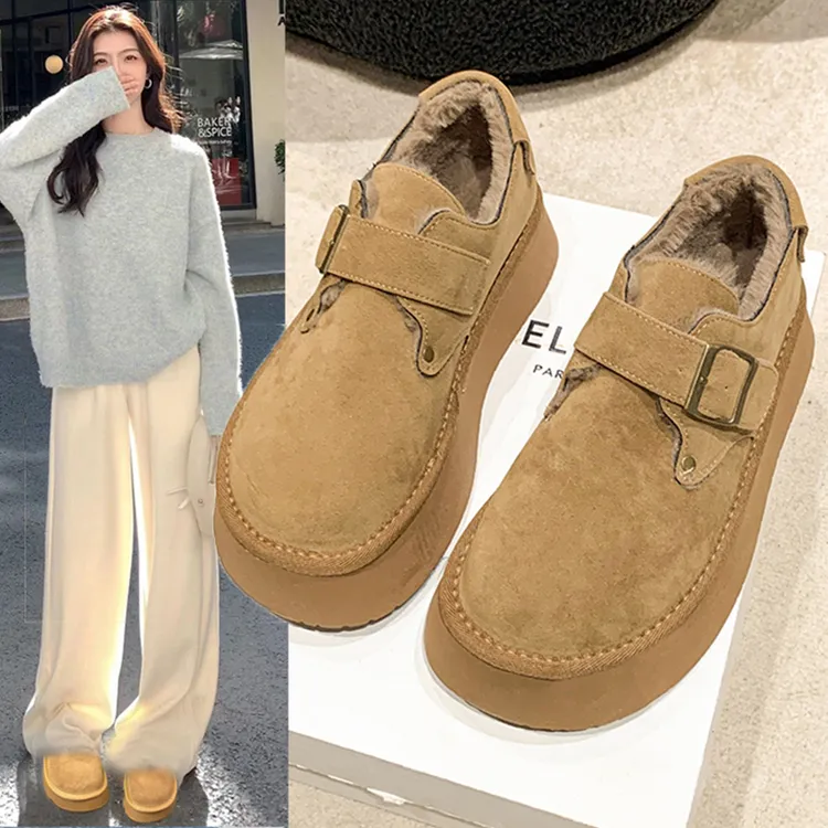 厚底勃肯鞋加绒博肯女鞋子2024新款冬季棕色保暖一脚蹬雪地靴棉鞋