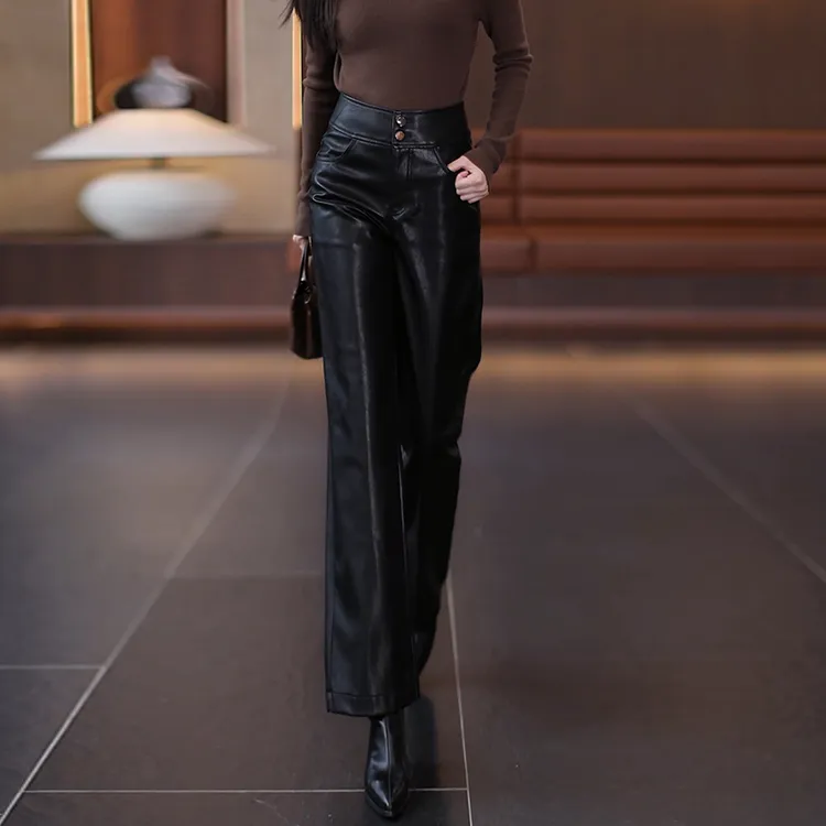 皮裤女2024新款秋冬季黑色高腰垂感宽松直筒显瘦小个子PU皮阔腿裤