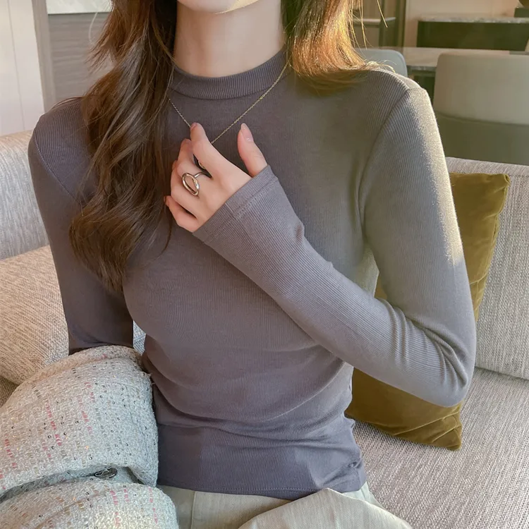 螺纹小立领打底衫女秋冬季薄款内搭修身洋气纯色显瘦长袖t恤上衣