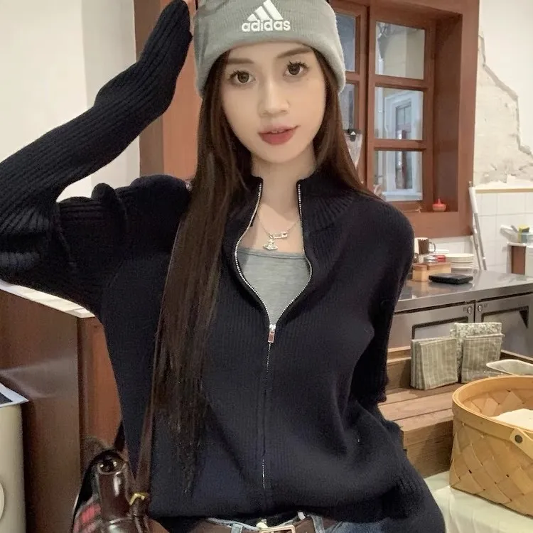 秋冬季开衫毛衣女拉链复古黑色百搭修身设计感外套上衣短款针织衫