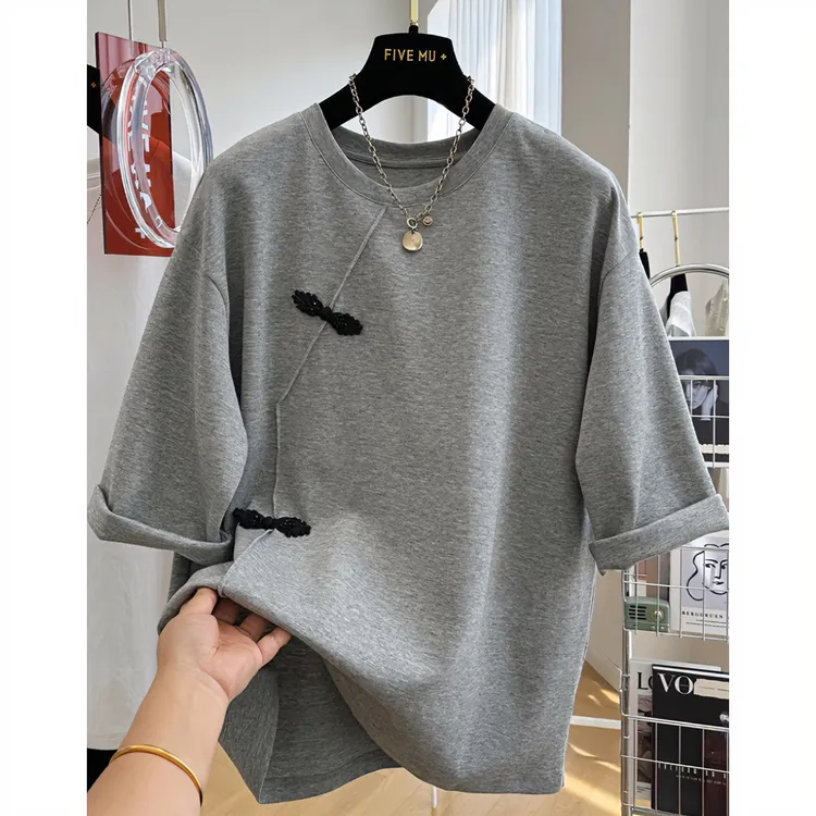 时尚别致独特新中式国风宽松圆领短袖T恤女春夏季半袖打底衫上衣i