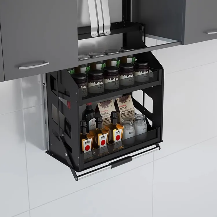 厨房吊柜升降拉篮橱柜顶上垂直下拉式调味吊篮升降机置物架太空铝