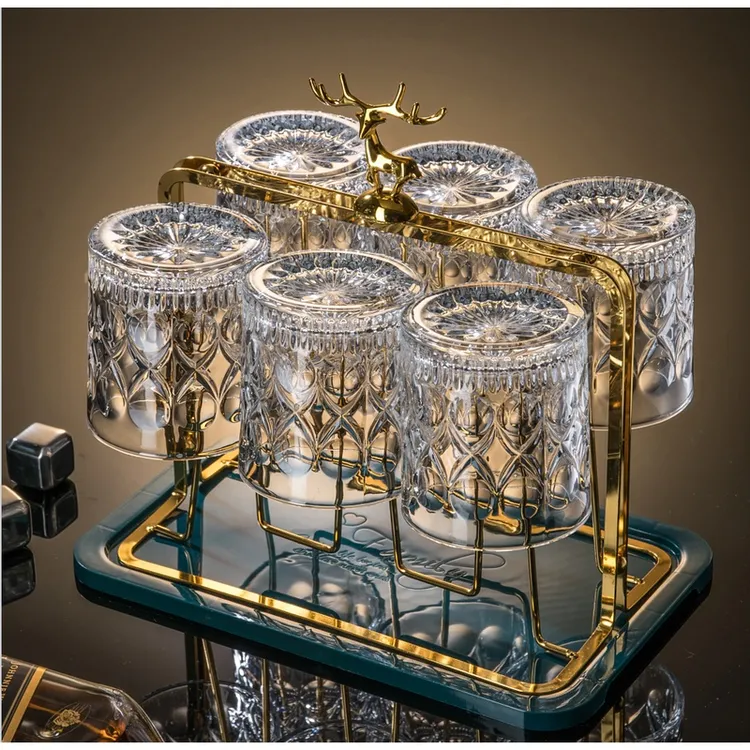 【8件套】6杯搭杯架搭托盘套装洋酒杯高档喝水杯啤酒杯茶杯威士忌杯