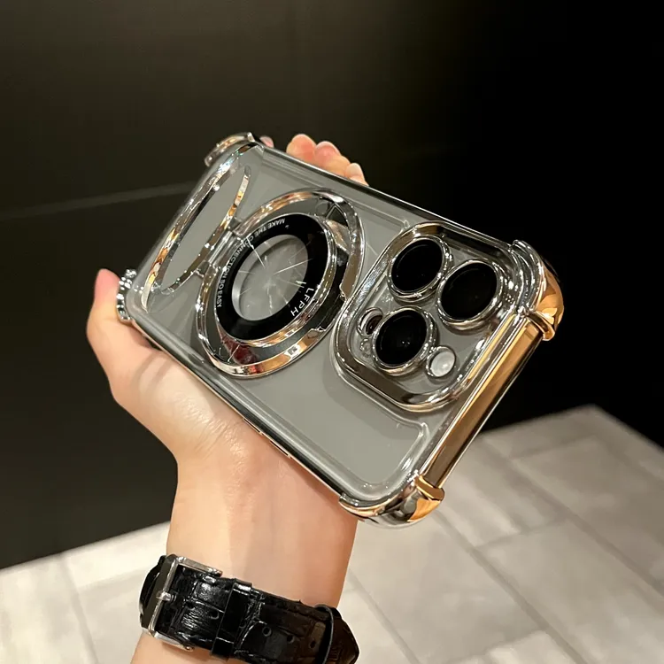 四角镜面支架带镜头膜适用于苹果16/15/14/13/12/全包透明手机壳