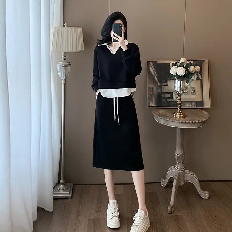 入秋一整套假两件女装洋气时髦显瘦遮肚子时尚轻奢套装裙两件套