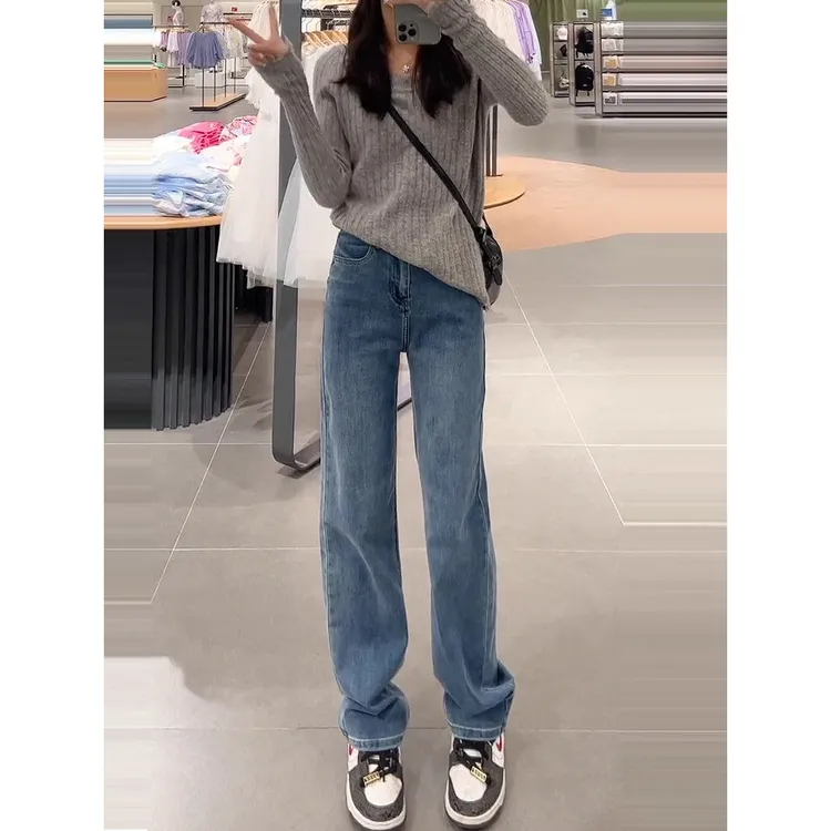 黑色窄版阔腿牛仔裤女胖MM显瘦直筒拖地裤大码2025年秋冬加绒加厚