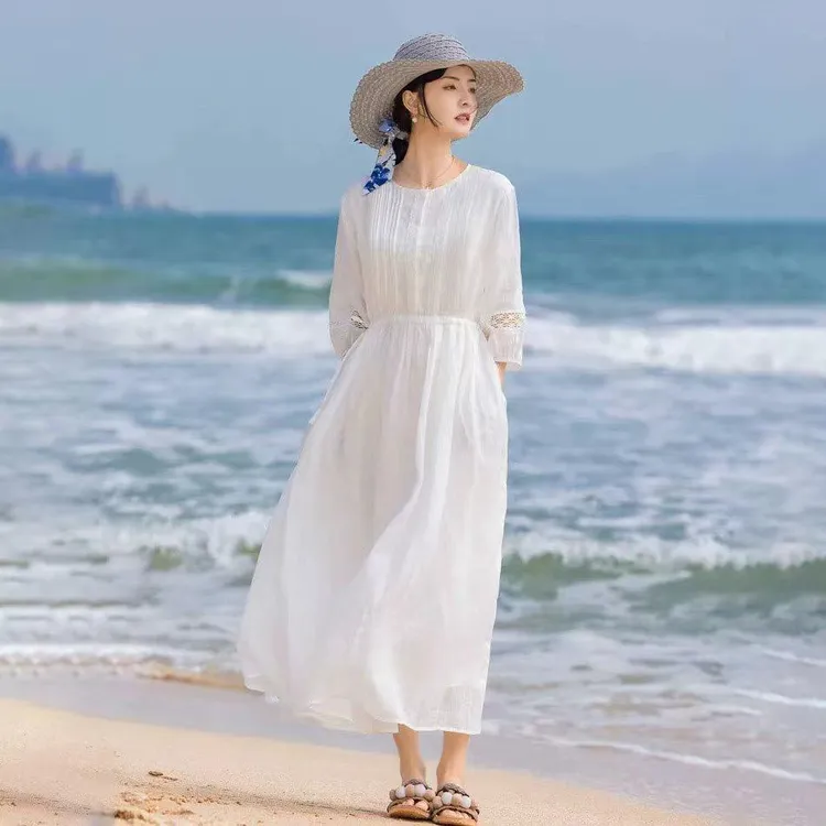 1001# 2025大码春夏新款圆领飘逸天丝麻棉麻度假风仙女长款大摆裙