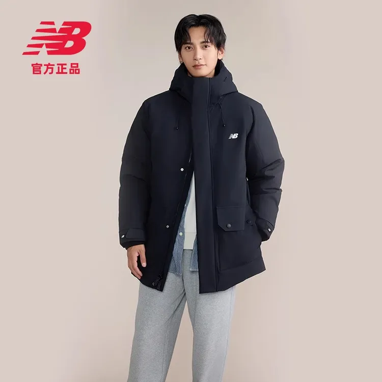 New Balance 2025新款中长款连帽工装派克防泼水羽绒服AMJ43354