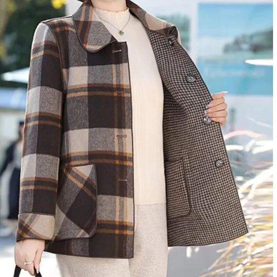 中老年两面穿格子羊毛大衣大码双面呢质中年40岁到80岁女装高端
