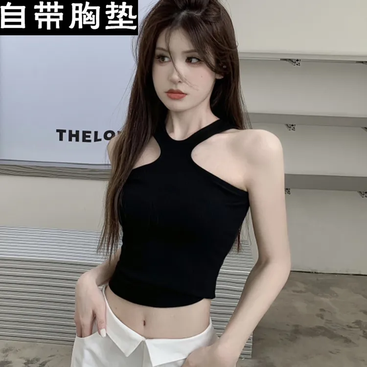 纯欲风辣妹吊带背心女带胸垫夏季挂脖性感短款上衣心机设计感T恤