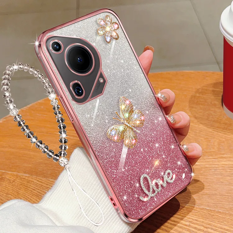 华为Pura70ultra手机壳镶钻防摔保护套透明闪粉蝴蝶女款奢华软胶