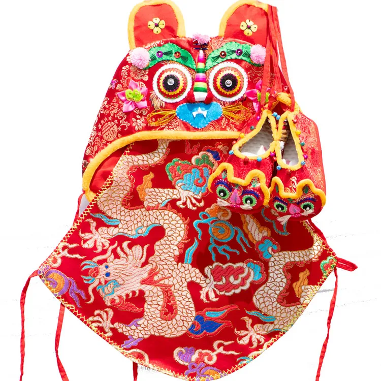 民族风手工婴儿云锦肚兜绣花虎头帽软底学步虎头鞋生日抓周套装