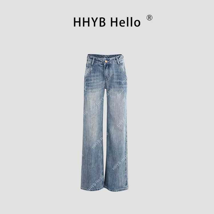 HHYB Hello2024新款百搭休闲洗水做旧直筒低腰宽松牛仔裤Q244020