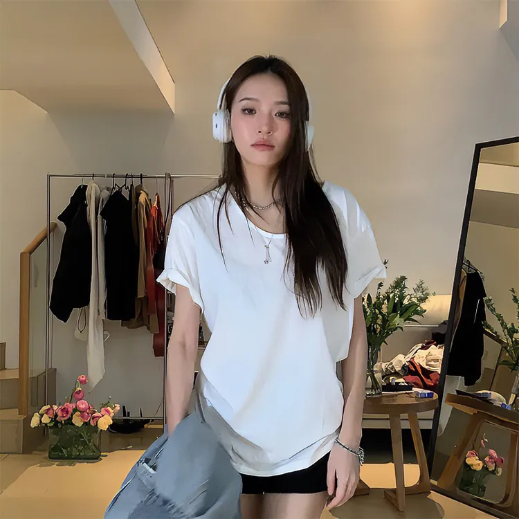【YD】夏季韩版U领纯色女T袖休闲百搭宽松简约打底上衣8329