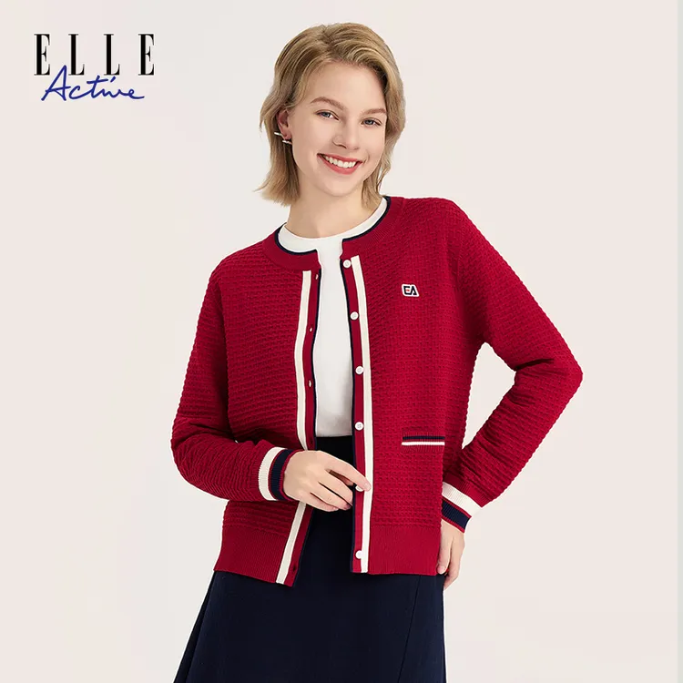 ELLE Active秋季新款百搭针织衫长袖休闲短外套开衫外搭气质女装