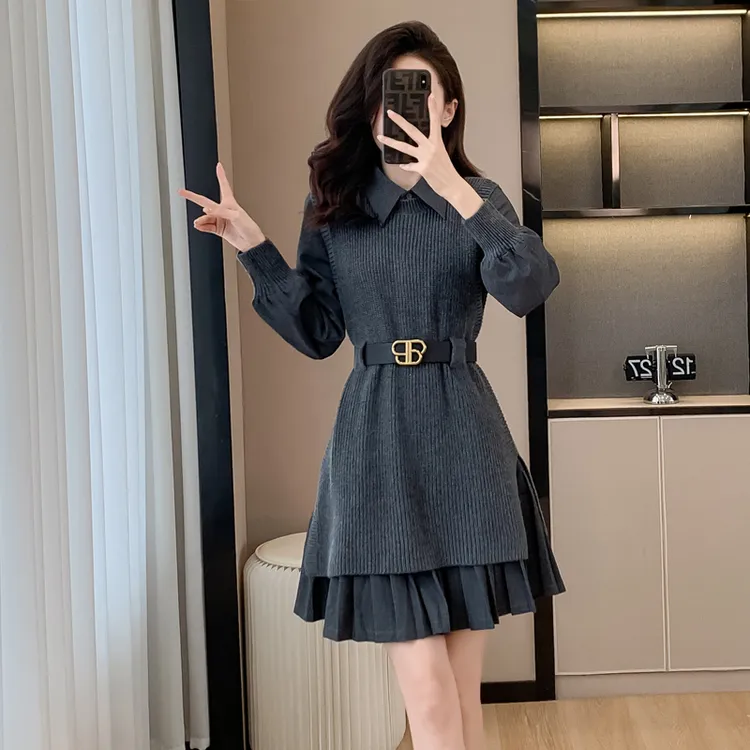 裙子女秋冬季2025新款独特超好看赫本风气质收腰针织连衣裙两件套