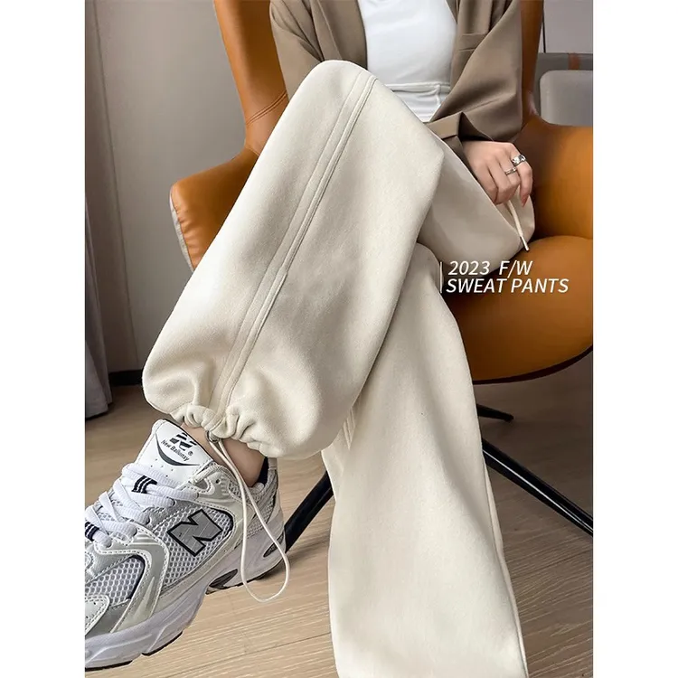 运动裤女春秋新款高腰垂感显瘦直筒阔腿裤百搭束脚两穿休闲卫裤子