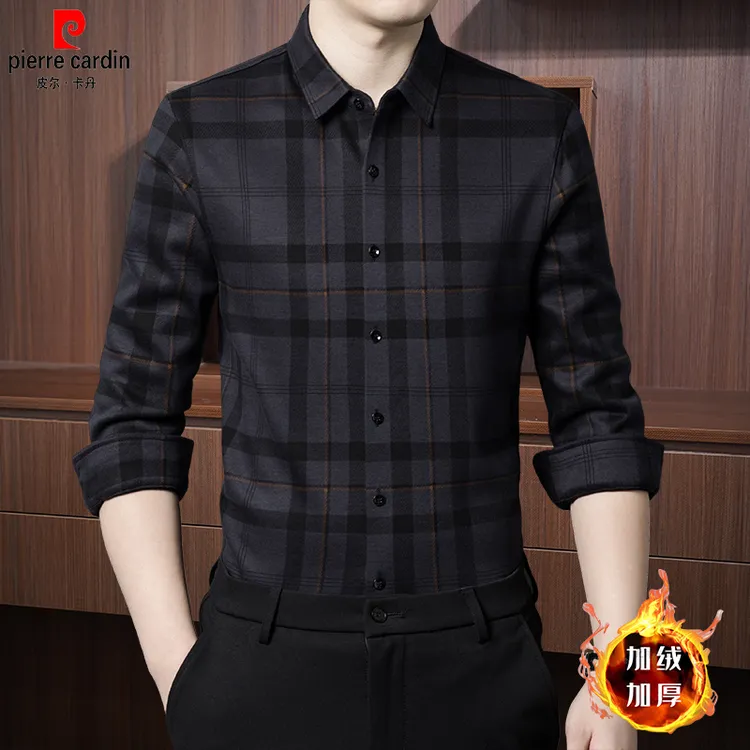 皮尔卡丹加绒加厚衬衫长袖男士高档中年爸爸装含绵羊毛保暖衬衣