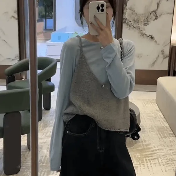 现货】2025春季新款纯色打底小衫背心马甲叠穿两件套针织背心8101