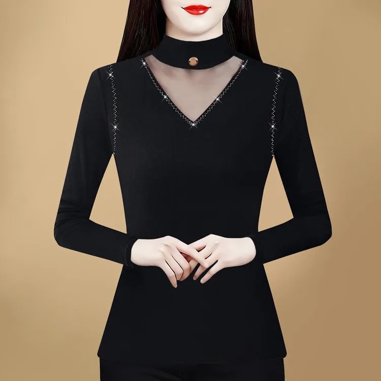 韩版名媛风加厚V领打底衫春季新款中年妈妈保暖显瘦女士长袖上衣