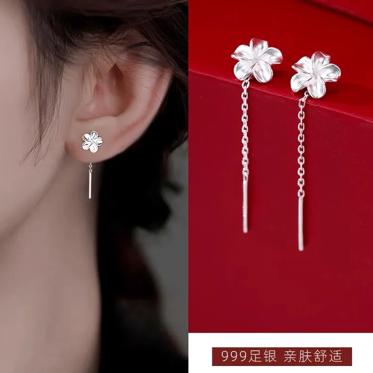 足银耳饰 s999纯银栀子花耳线女小众轻奢高级设计感花朵流苏耳坠