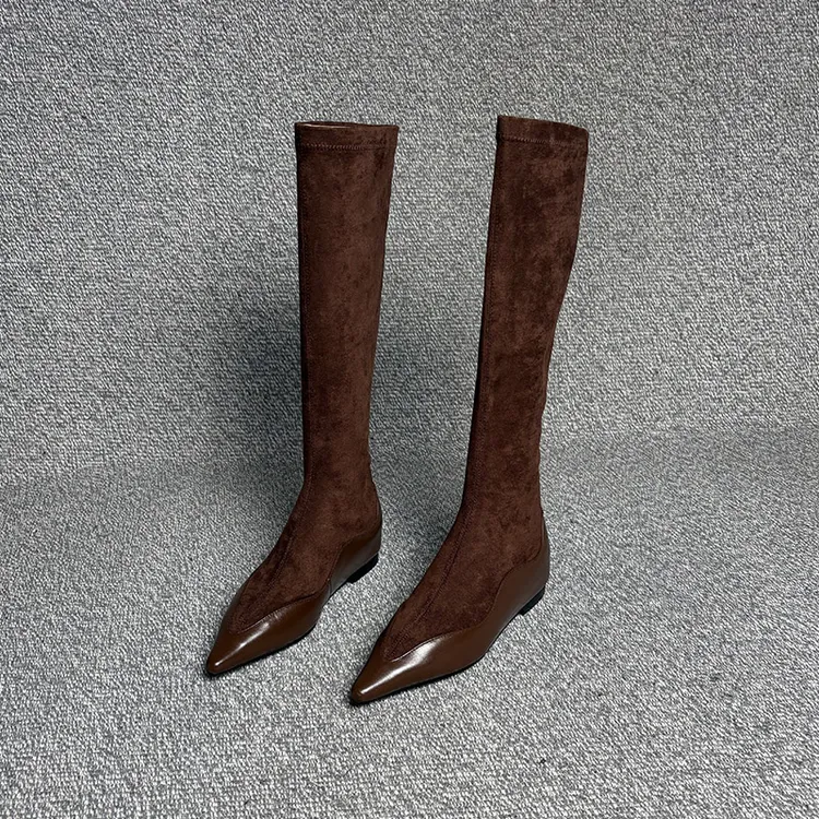 露涵思高筒靴女秋冬内增高坡跟瘦瘦靴弹力尖头袜靴小腿围包腿长靴