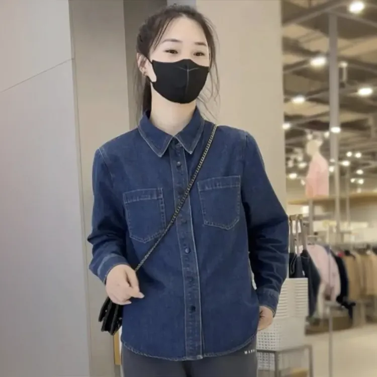 【保暖百搭】小个子短款薄款牛仔衬衫2025春秋小个子衬衣上衣