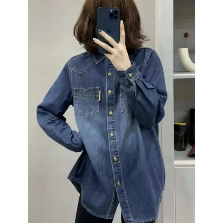 【春秋百搭】显瘦牛仔衬衫女春秋新款宽松内搭百搭上衣蓝色衬衣外套