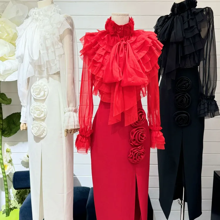 半裙长袖红色气质开叉半身裙重工轻奢荷叶边修身显瘦包臀百搭时尚