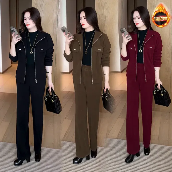 保暖休闲服套装女2025新款时尚气质秋冬加绒加厚长袖外套两件套潮
