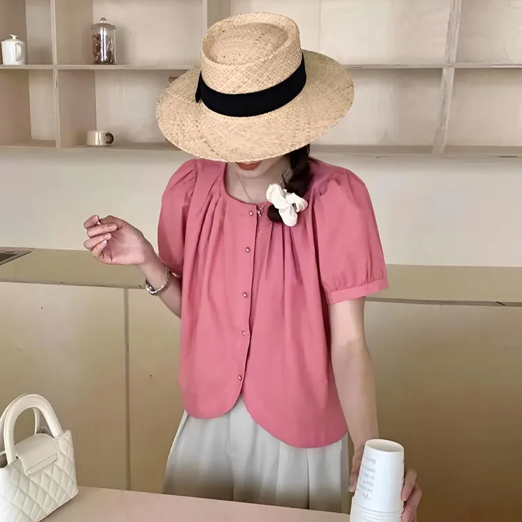 2025夏季显瘦法式褶皱泡泡短袖衬衫女设计感小众不规则衬衣短袖女