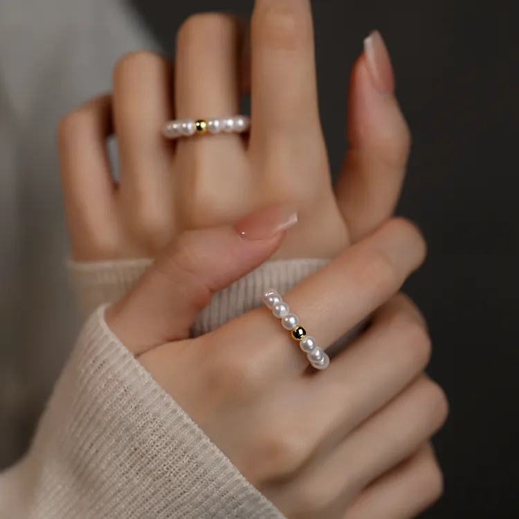 925银戒指 奥白色珠戒指港码20-24号2026新款轻奢法式温柔素款