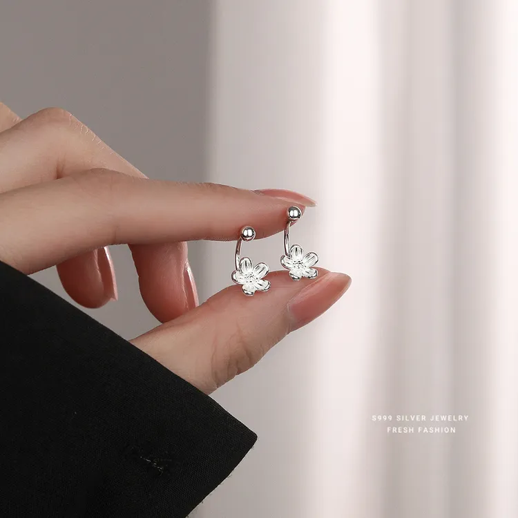 足银耳饰 花朵耳环女螺丝圆珠耳钩s999足银2025爆款养耳洞小巧ins