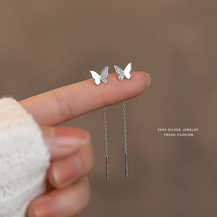 足银耳饰 蝴蝶耳线长款足银微镶女感养耳洞小清新通勤ins百搭耳饰