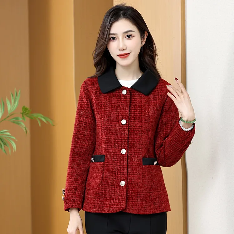 小香风外套女装春秋新款中老年妈妈装纯色洋气百搭长袖单排扣上衣