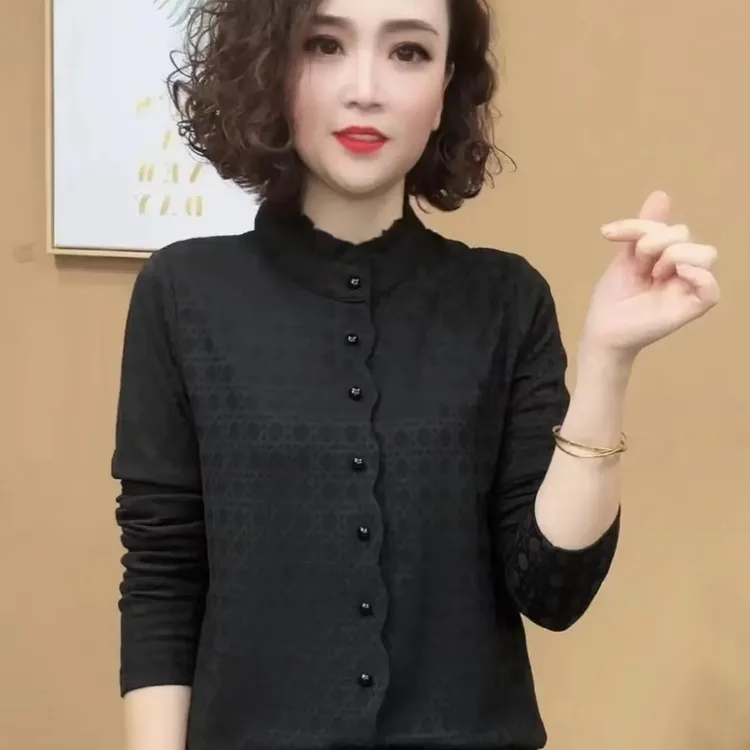 2024新品时尚洋气百搭木耳边长袖套头打底衫女士上衣775