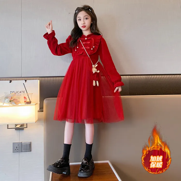 女童裙子2023新款中大童6-15秋冬女童加绒加厚洋气韩版女童公主裙