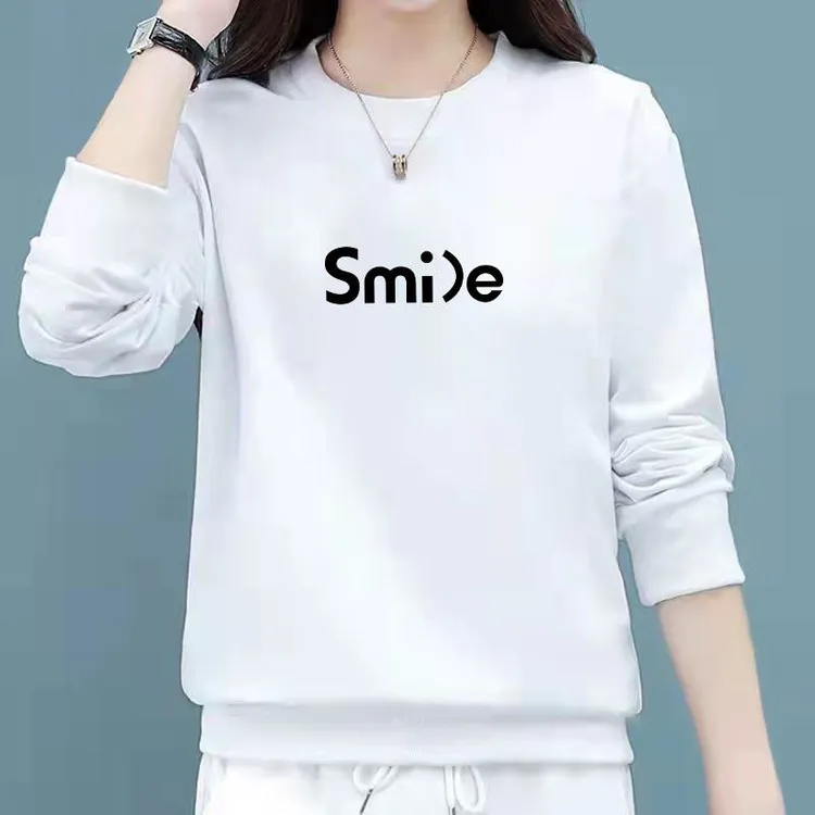 精梳棉白色圆领卫衣女春秋2022新款简约字母印花宽松显瘦套头上衣